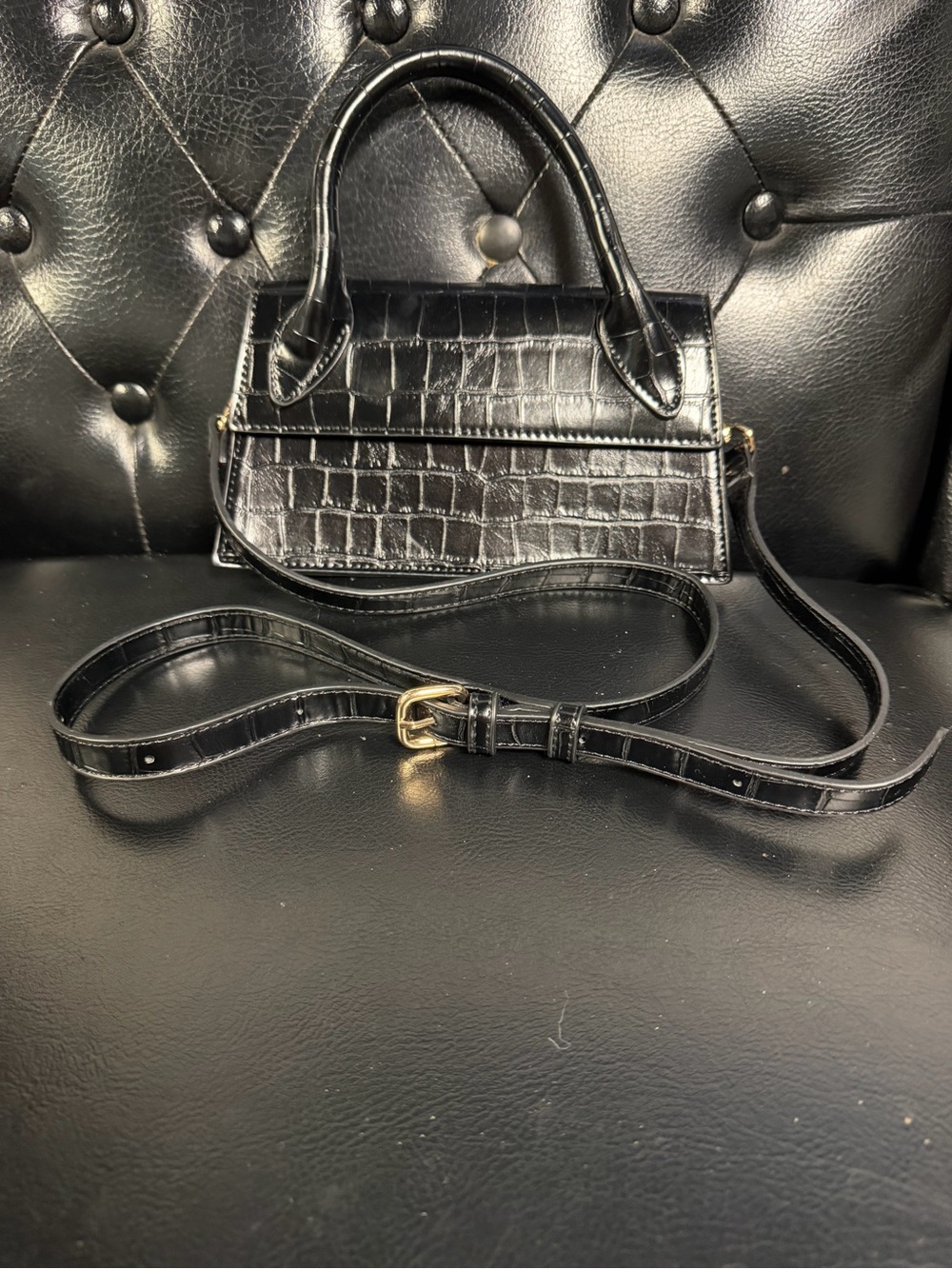 Black Croc-Embossed Mini Satchel with Detachable Strap